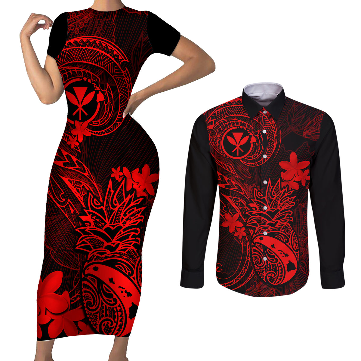 Hawaii Couples Matching Short Sleeve Bodycon Dress and Long Sleeve Button Shirts Pineapple Mix Polynesian Plumeria Red Version - Wonder Print Shop