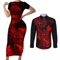 Hawaii Couples Matching Short Sleeve Bodycon Dress and Long Sleeve Button Shirts Pineapple Mix Polynesian Plumeria Red Version - Wonder Print Shop