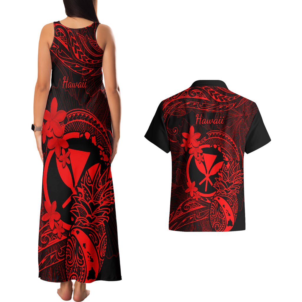 Hawaii Couples Matching Tank Maxi Dress and Hawaiian Shirt Pineapple Mix Polynesian Plumeria Red Version - Wonder Print Shop