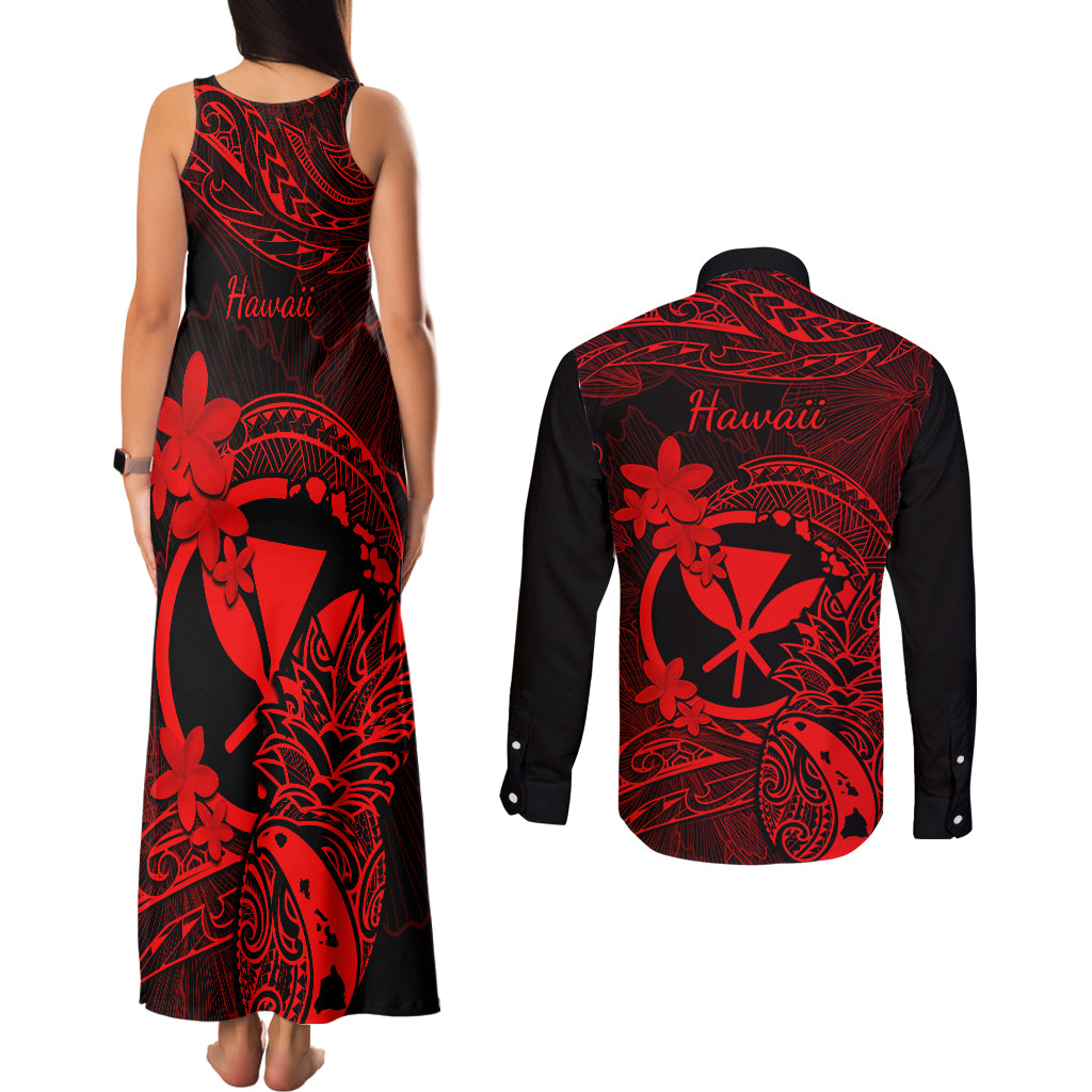 Hawaii Couples Matching Tank Maxi Dress and Long Sleeve Button Shirts Pineapple Mix Polynesian Plumeria Red Version - Wonder Print Shop