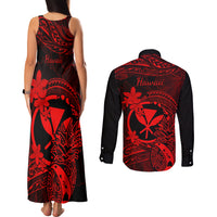 Hawaii Couples Matching Tank Maxi Dress and Long Sleeve Button Shirts Pineapple Mix Polynesian Plumeria Red Version - Wonder Print Shop