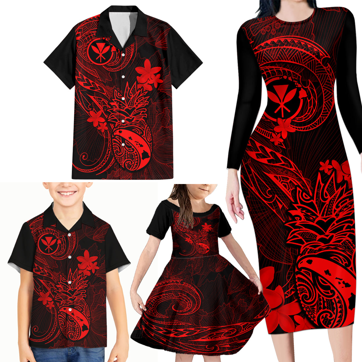 Hawaii Family Matching Long Sleeve Bodycon Dress and Hawaiian Shirt Pineapple Mix Polynesian Plumeria Red Version - Wonder Print Shop