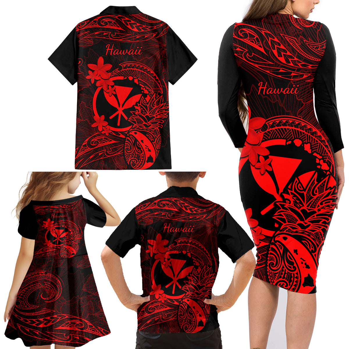 Hawaii Family Matching Long Sleeve Bodycon Dress and Hawaiian Shirt Pineapple Mix Polynesian Plumeria Red Version - Wonder Print Shop