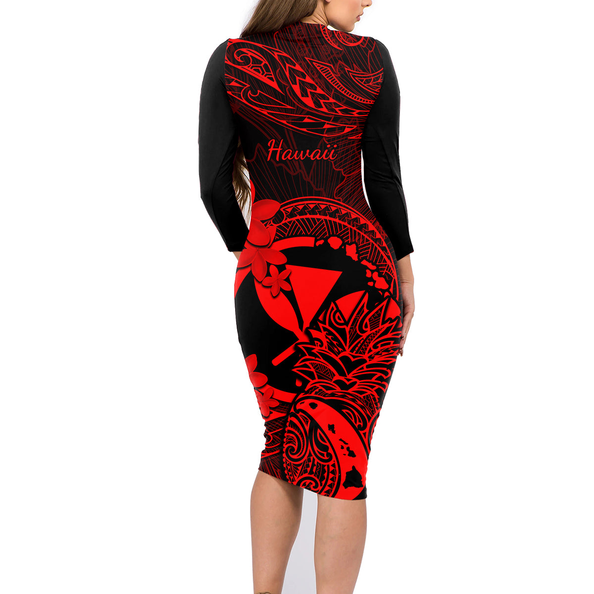 Hawaii Family Matching Long Sleeve Bodycon Dress and Hawaiian Shirt Pineapple Mix Polynesian Plumeria Red Version - Wonder Print Shop