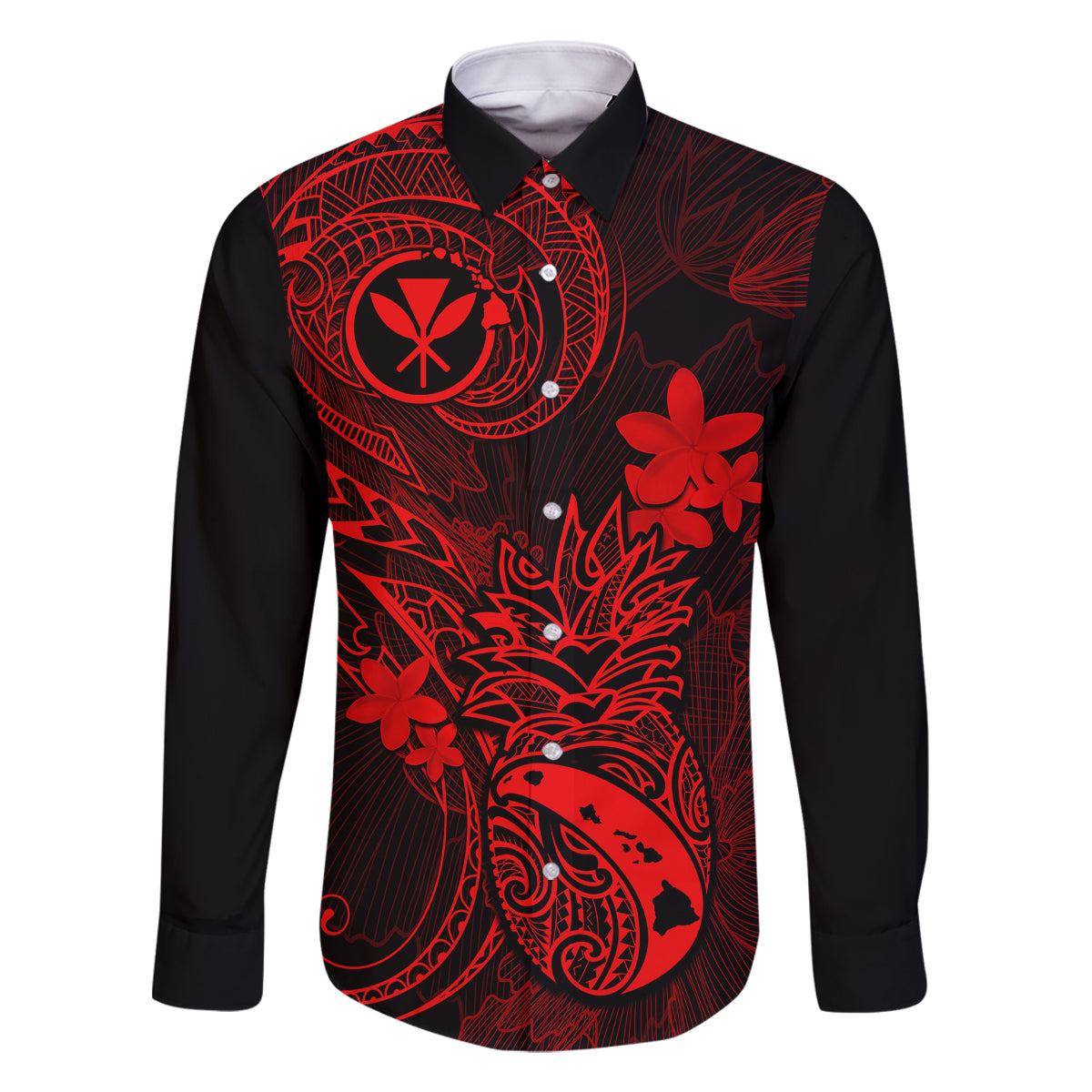 Hawaii Family Matching Off Shoulder Long Sleeve Dress and Hawaiian Shirt Pineapple Mix Polynesian Plumeria Red Version - Wonder Print Shop