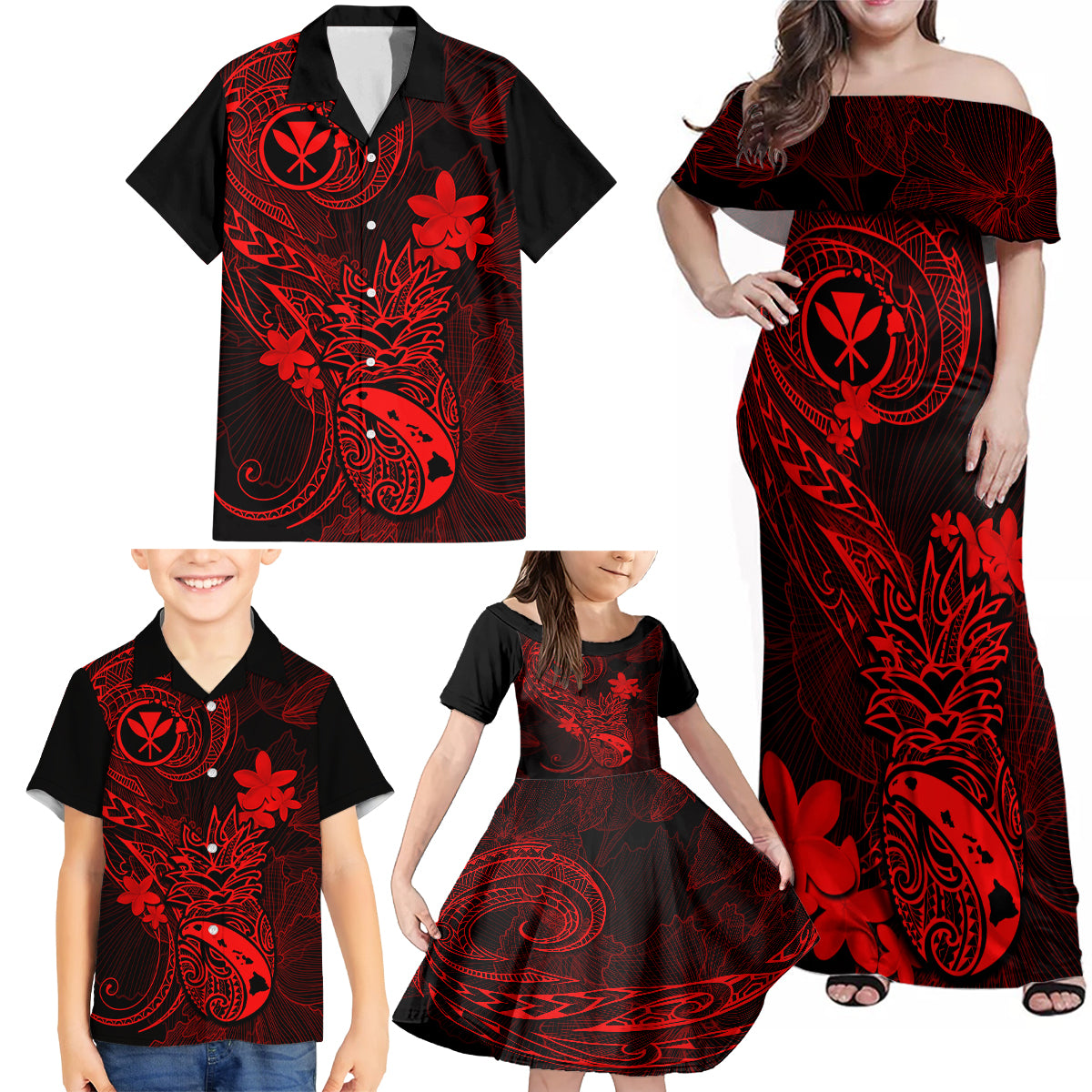 Hawaii Family Matching Off Shoulder Maxi Dress and Hawaiian Shirt Pineapple Mix Polynesian Plumeria Red Version - Wonder Print Shop