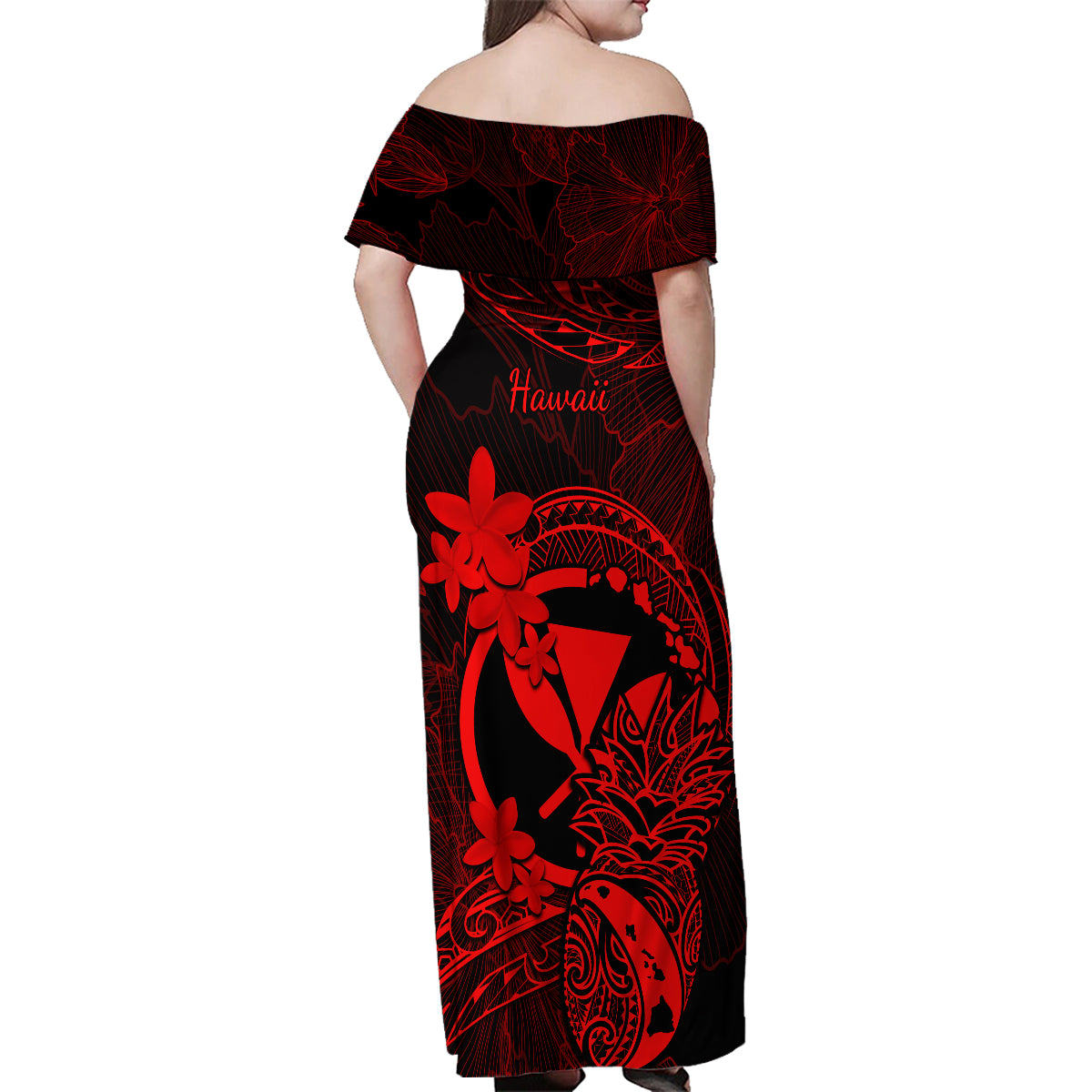 Hawaii Family Matching Off Shoulder Maxi Dress and Hawaiian Shirt Pineapple Mix Polynesian Plumeria Red Version - Wonder Print Shop