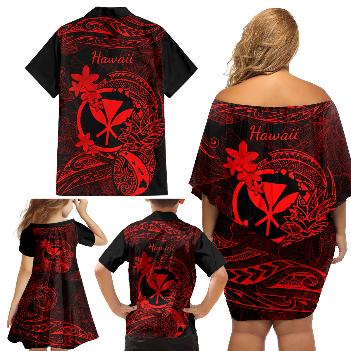 Hawaii Family Matching Off Shoulder Short Dress and Hawaiian Shirt Pineapple Mix Polynesian Plumeria Red Version - Wonder Print Shop
