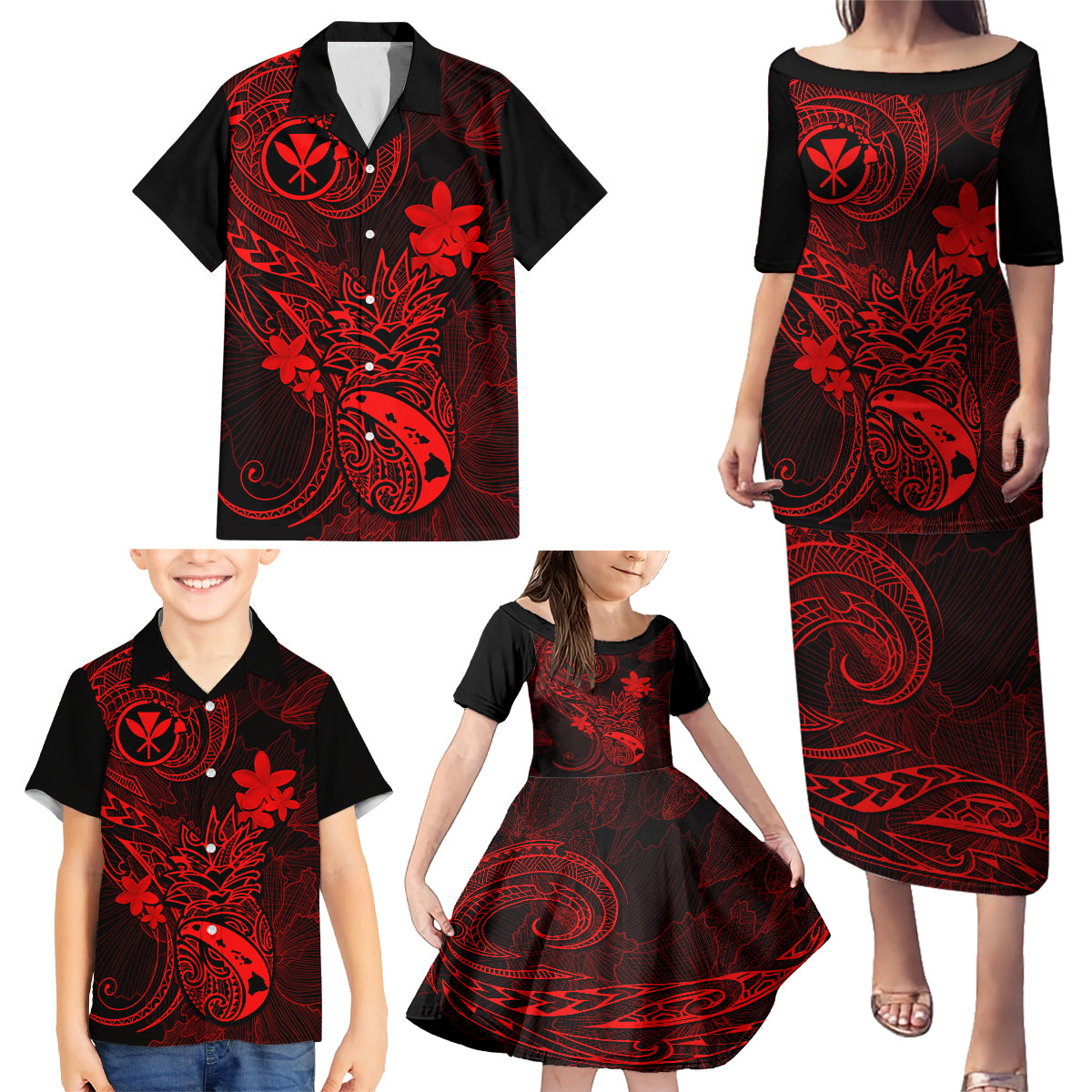 Hawaii Family Matching Puletasi Dress and Hawaiian Shirt Pineapple Mix Polynesian Plumeria Red Version - Wonder Print Shop