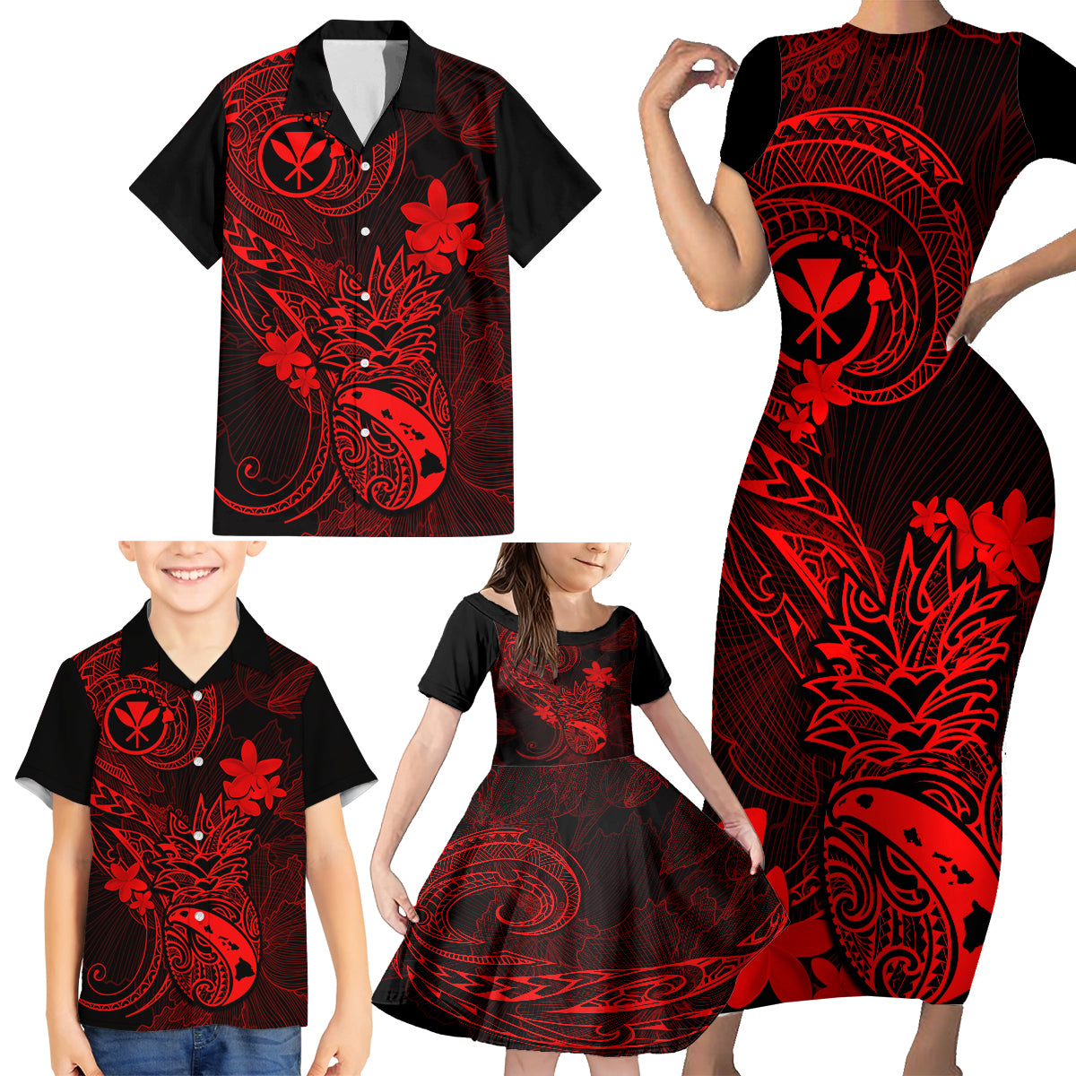 Hawaii Family Matching Short Sleeve Bodycon Dress and Hawaiian Shirt Pineapple Mix Polynesian Plumeria Red Version - Wonder Print Shop