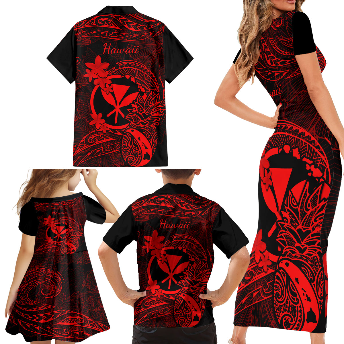 Hawaii Family Matching Short Sleeve Bodycon Dress and Hawaiian Shirt Pineapple Mix Polynesian Plumeria Red Version - Wonder Print Shop
