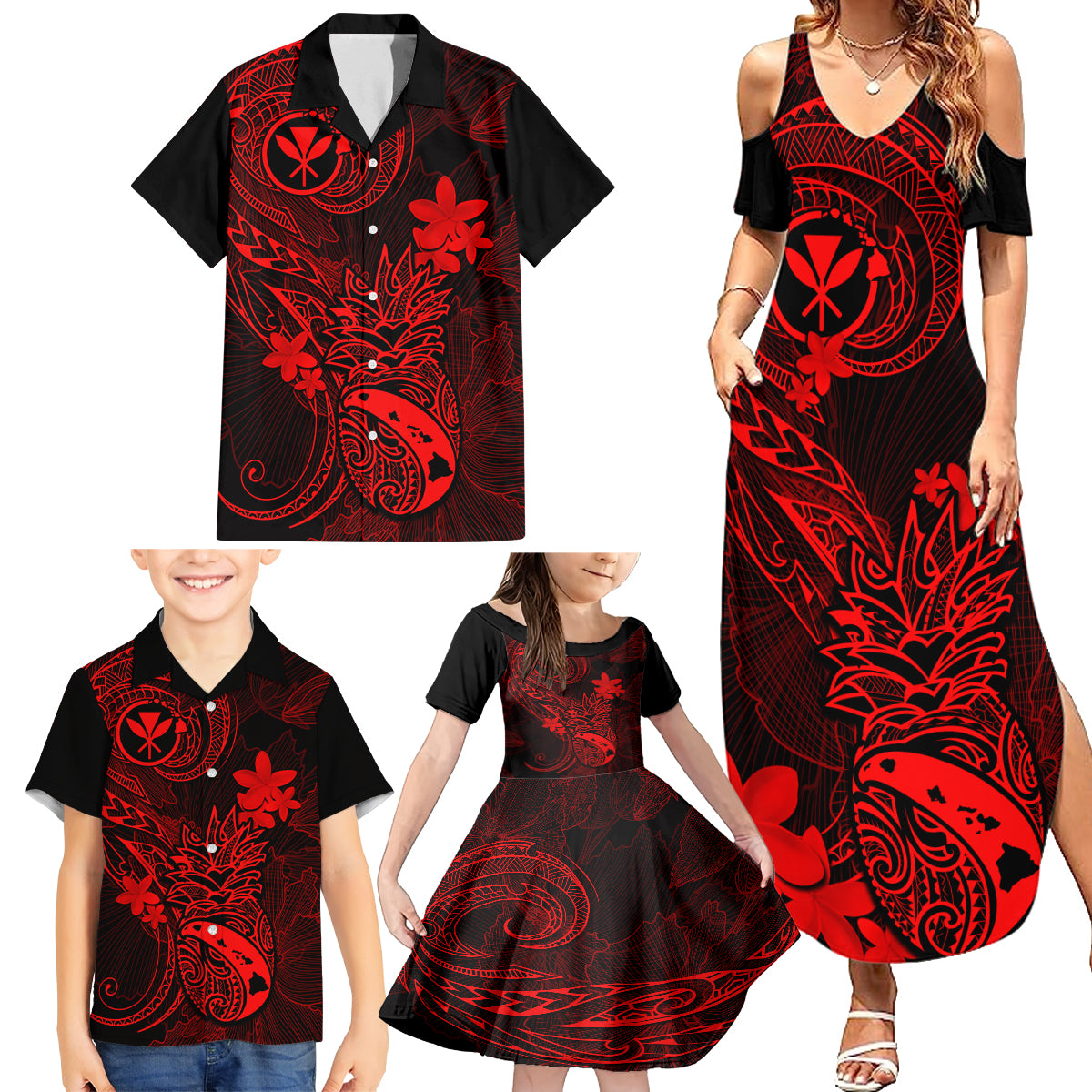 Hawaii Family Matching Summer Maxi Dress and Hawaiian Shirt Pineapple Mix Polynesian Plumeria Red Version - Wonder Print Shop