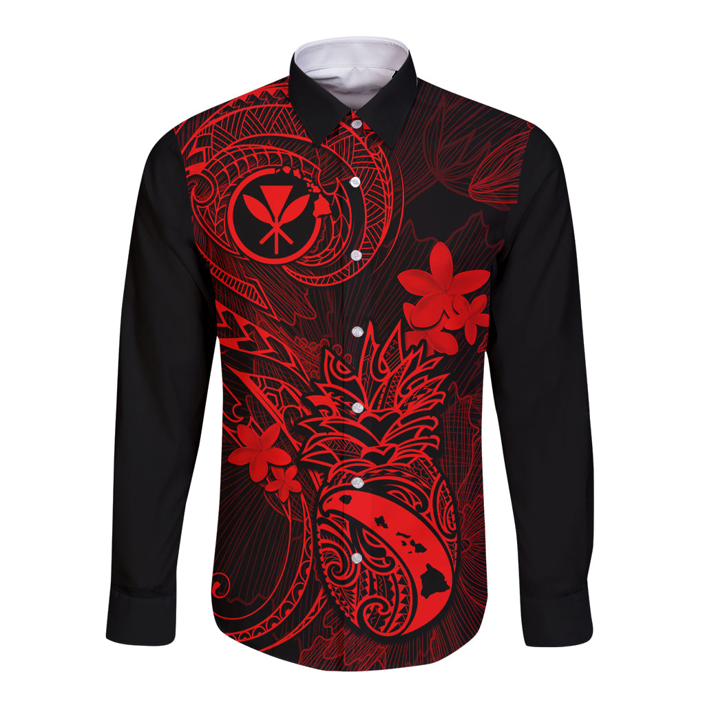 Hawaii Long Sleeve Button Shirt Pineapple Mix Polynesian Plumeria Red Version - Wonder Print Shop