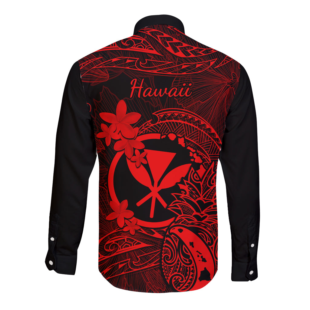 Hawaii Long Sleeve Button Shirt Pineapple Mix Polynesian Plumeria Red Version - Wonder Print Shop
