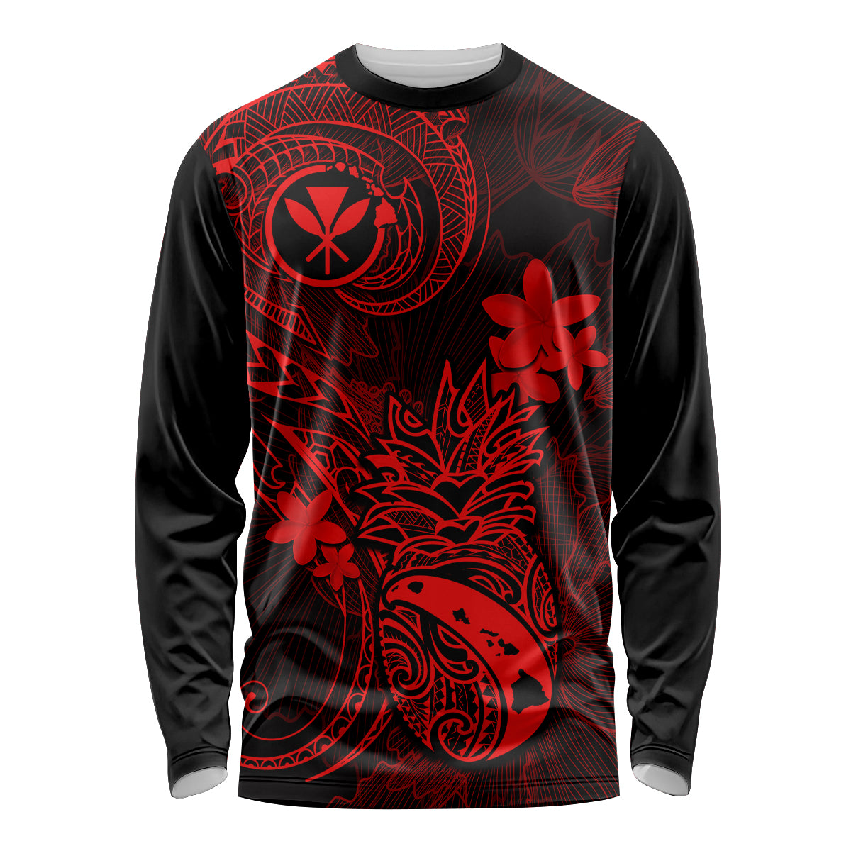 Hawaii Long Sleeve Shirt Pineapple Mix Polynesian Plumeria Red Version - Wonder Print Shop