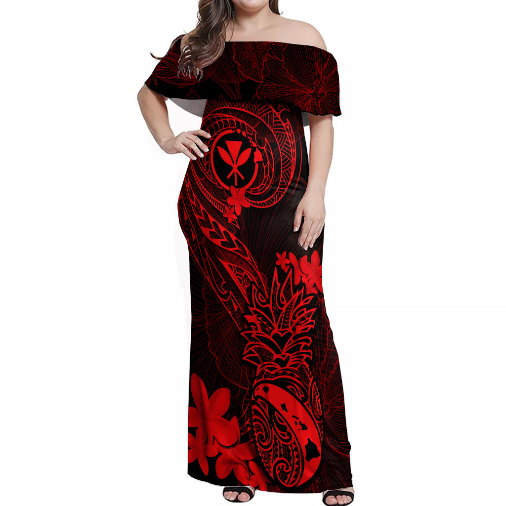 Hawaii Off Shoulder Maxi Dress Pineapple Mix Polynesian Plumeria Red Version - Wonder Print Shop