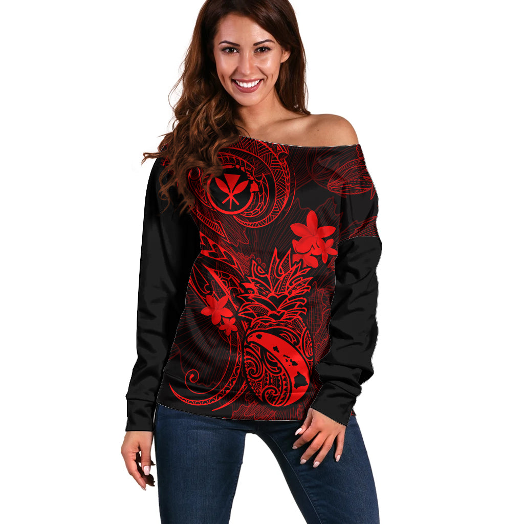Hawaii Off Shoulder Sweater Pineapple Mix Polynesian Plumeria Red Version - Wonder Print Shop