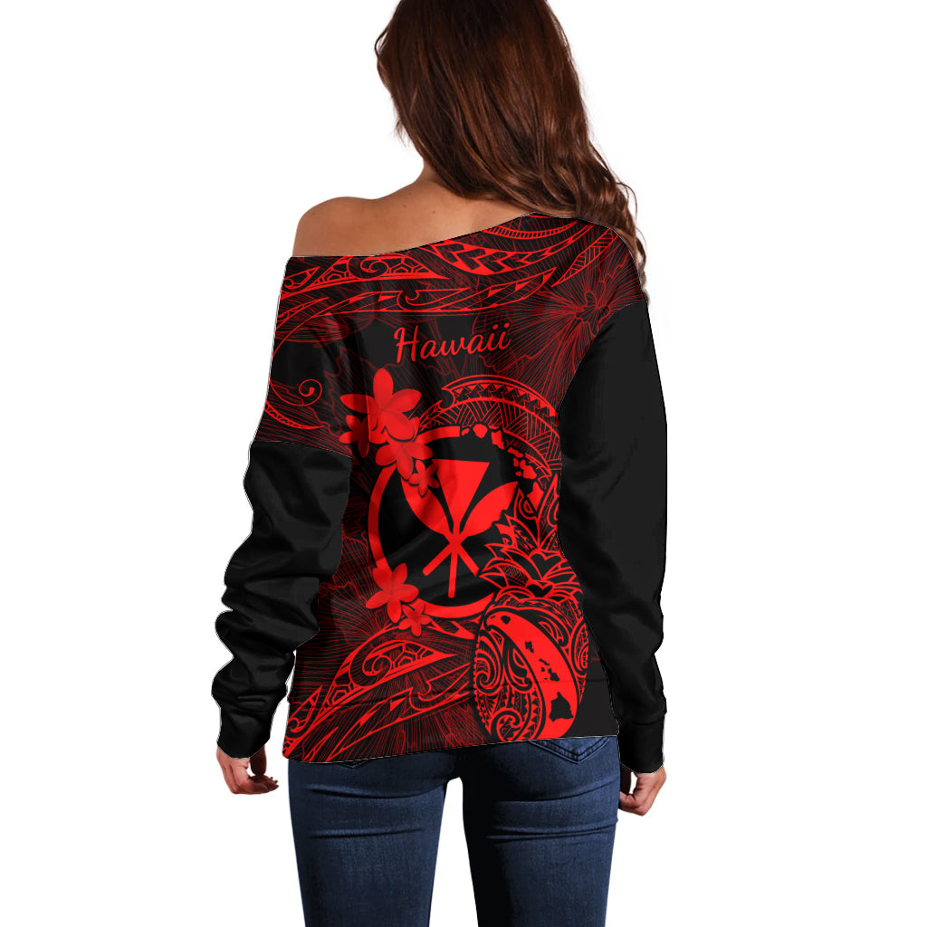 Hawaii Off Shoulder Sweater Pineapple Mix Polynesian Plumeria Red Version - Wonder Print Shop