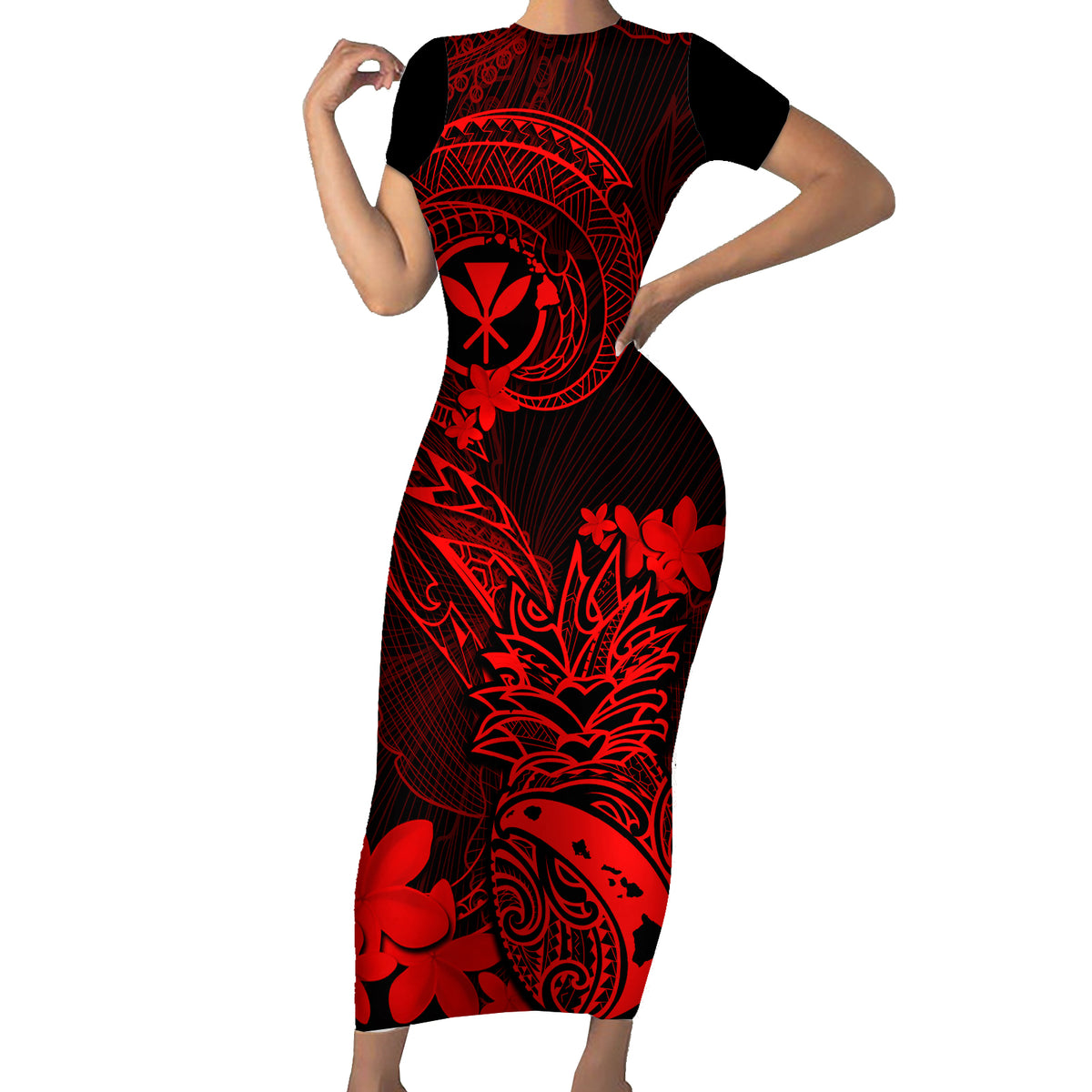 Hawaii Short Sleeve Bodycon Dress Pineapple Mix Polynesian Plumeria Red Version - Wonder Print Shop