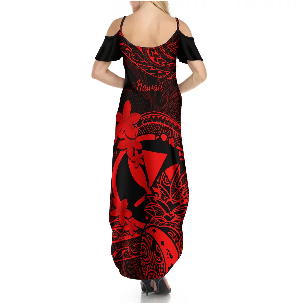 Hawaii Summer Maxi Dress Pineapple Mix Polynesian Plumeria Red Version - Wonder Print Shop