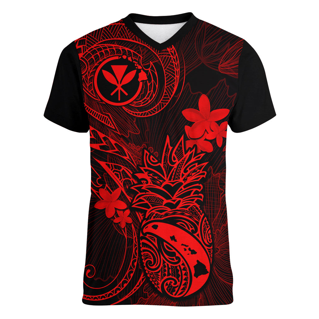 Hawaii Women V Neck T Shirt Pineapple Mix Polynesian Plumeria Red Version - Wonder Print Shop