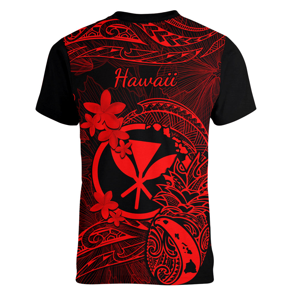 Hawaii Women V Neck T Shirt Pineapple Mix Polynesian Plumeria Red Version - Wonder Print Shop