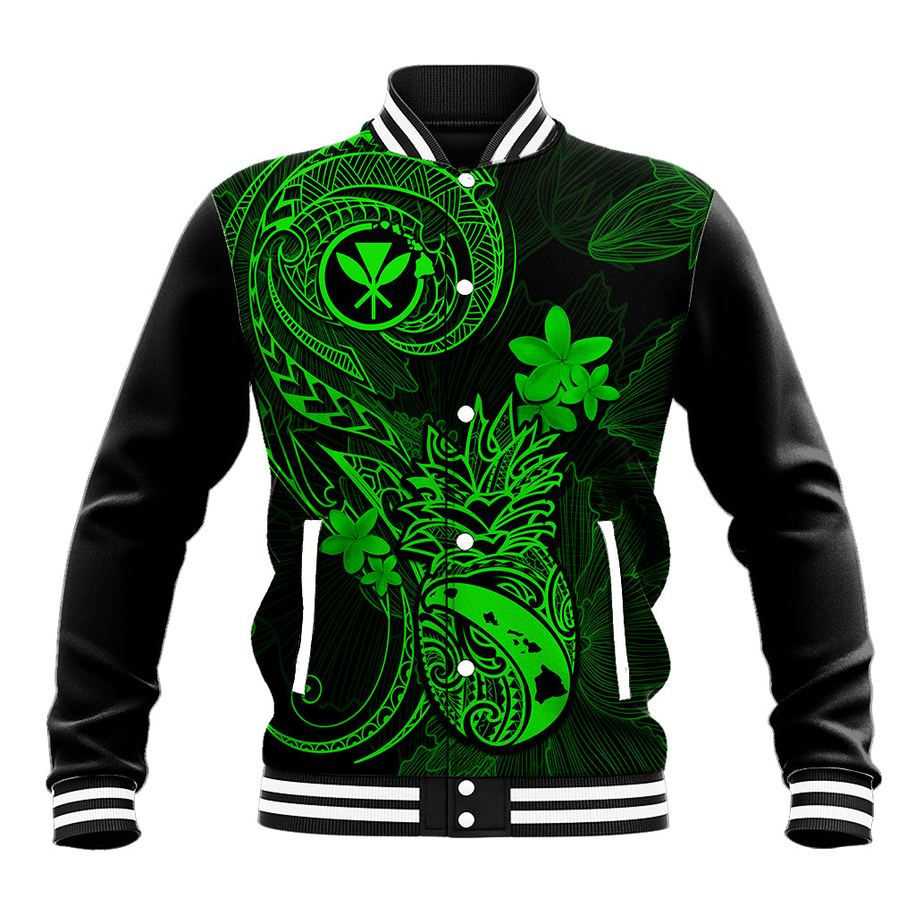 Hawaii Baseball Jacket Pineapple Mix Polynesian Plumeria Green Version - Wonder Print Shop