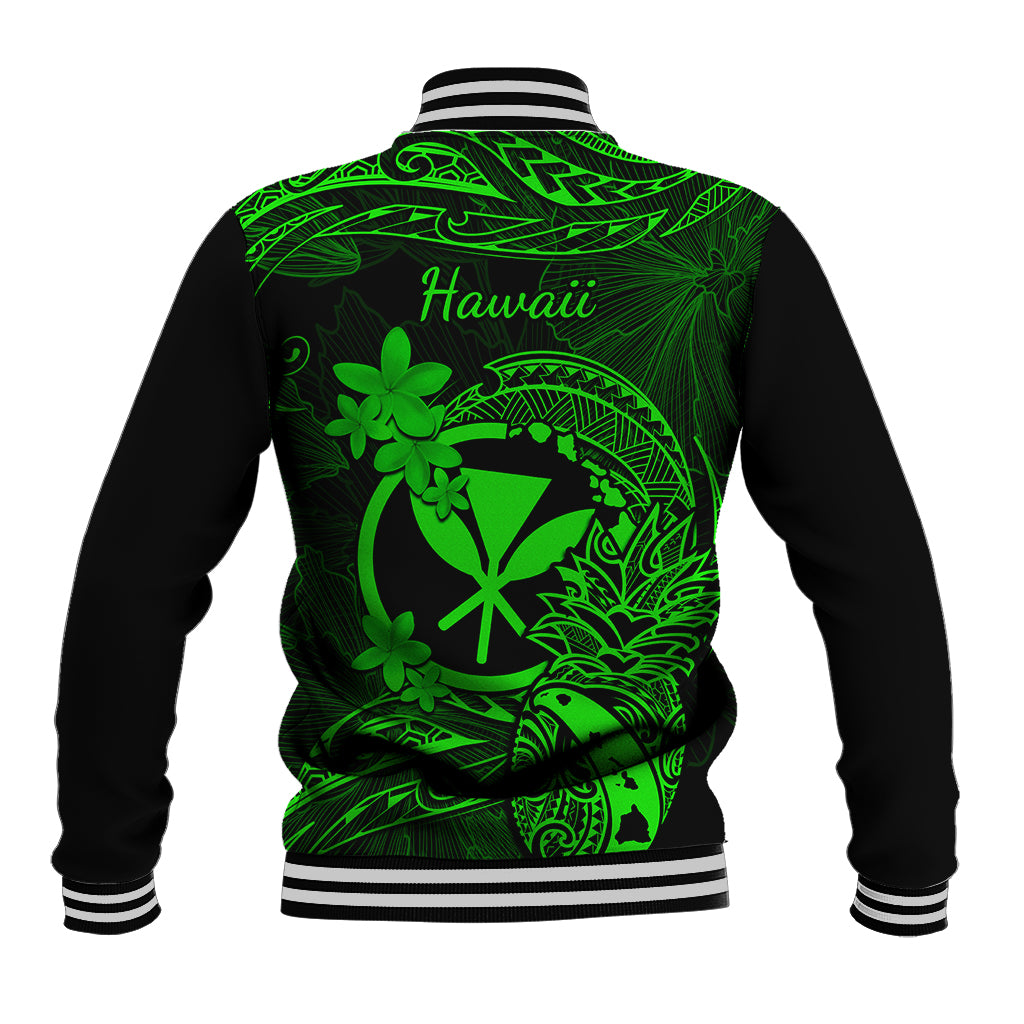Hawaii Baseball Jacket Pineapple Mix Polynesian Plumeria Green Version - Wonder Print Shop
