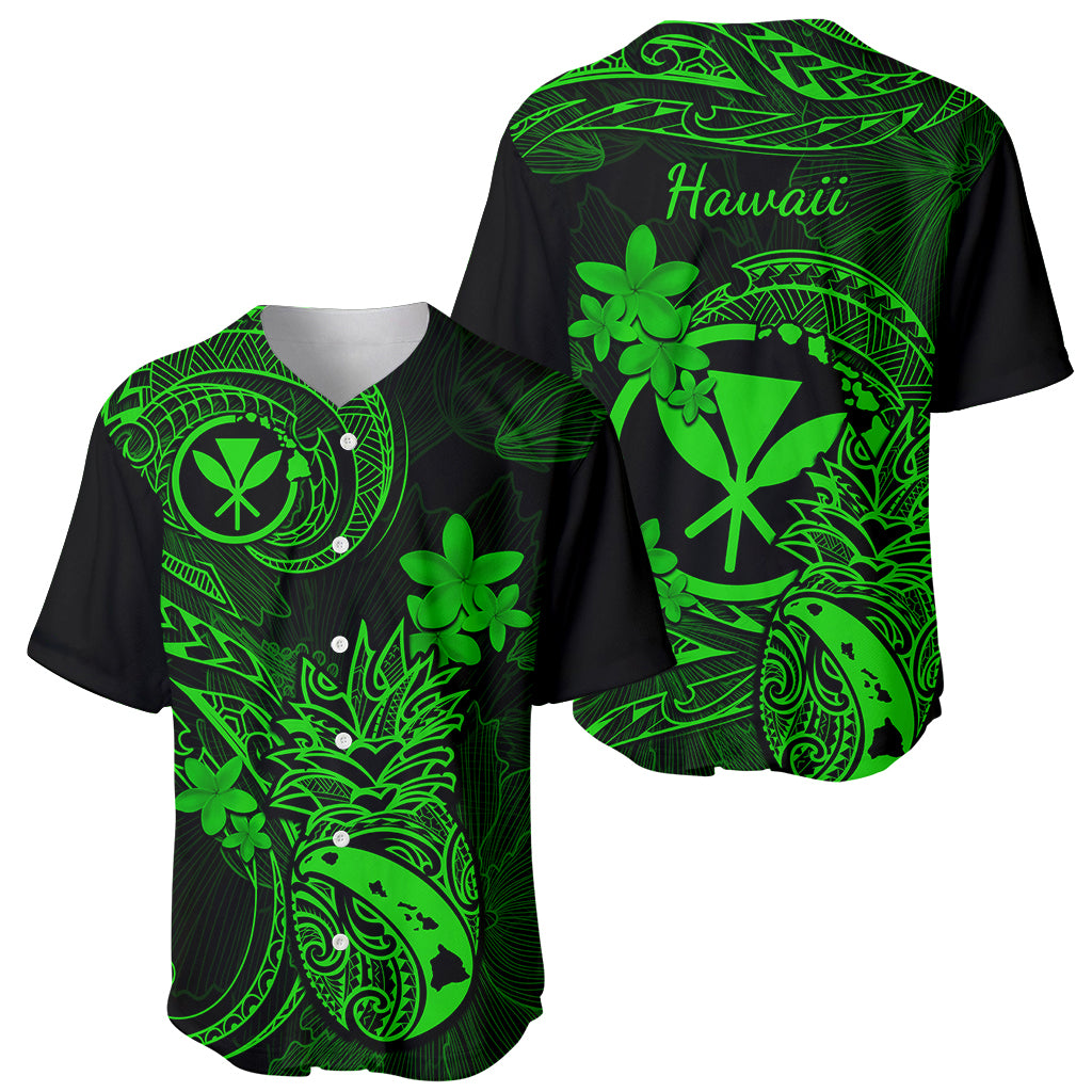 Hawaii Baseball Jersey Pineapple Mix Polynesian Plumeria Green Version - Wonder Print Shop