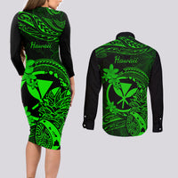 Hawaii Couples Matching Long Sleeve Bodycon Dress and Long Sleeve Button Shirts Pineapple Mix Polynesian Plumeria Green Version - Wonder Print Shop