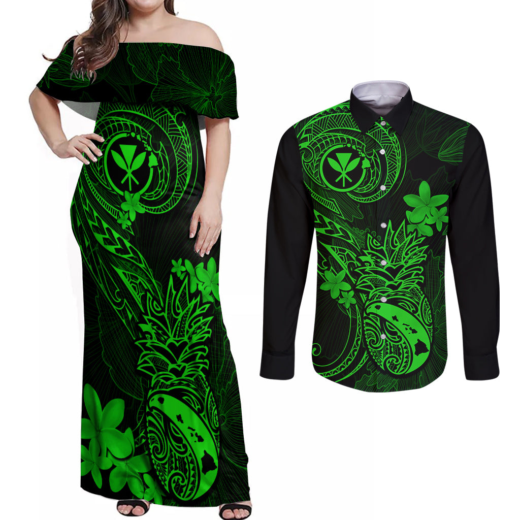 Hawaii Couples Matching Off Shoulder Maxi Dress and Long Sleeve Button Shirts Pineapple Mix Polynesian Plumeria Green Version - Wonder Print Shop