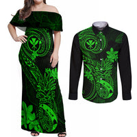 Hawaii Couples Matching Off Shoulder Maxi Dress and Long Sleeve Button Shirts Pineapple Mix Polynesian Plumeria Green Version - Wonder Print Shop