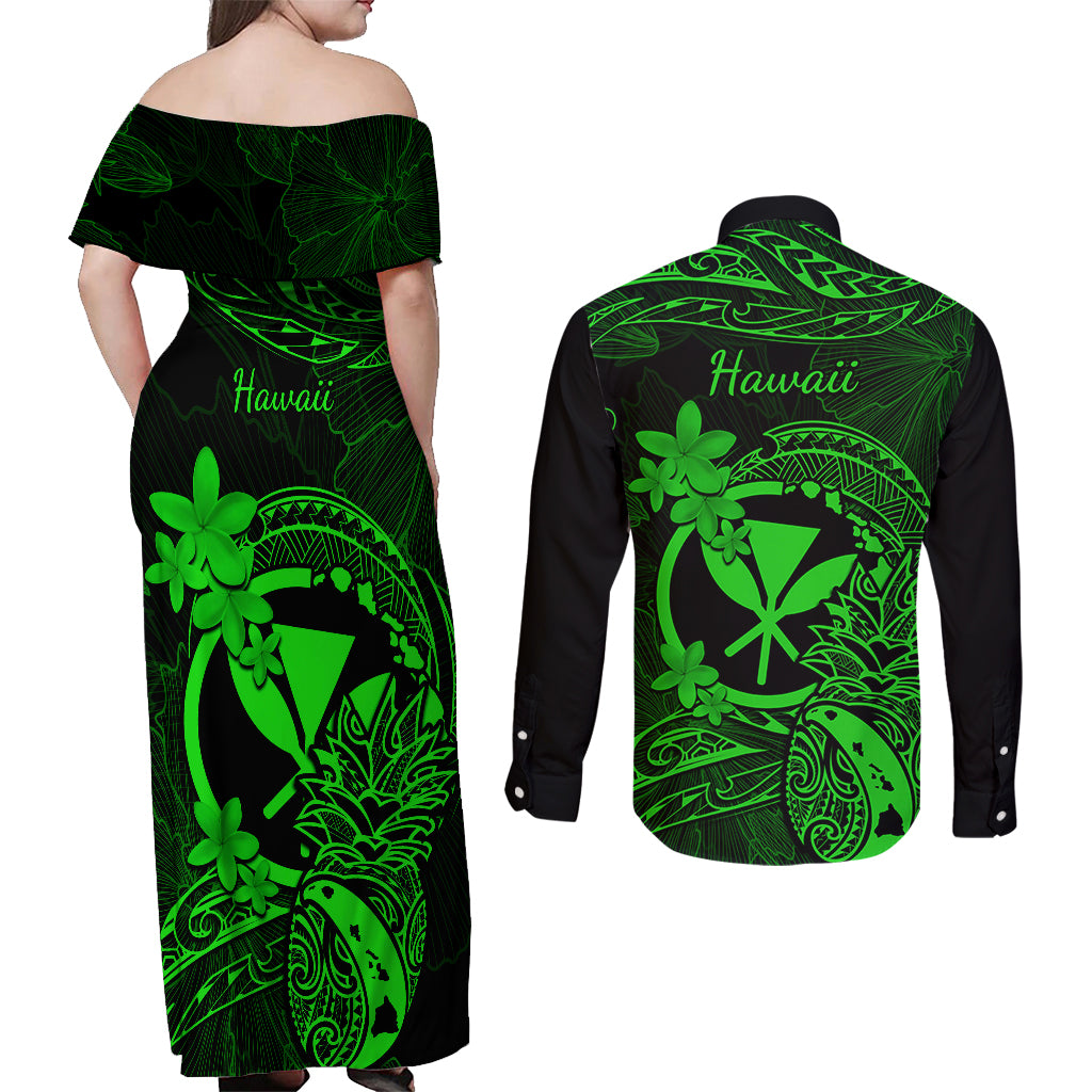 Hawaii Couples Matching Off Shoulder Maxi Dress and Long Sleeve Button Shirts Pineapple Mix Polynesian Plumeria Green Version - Wonder Print Shop