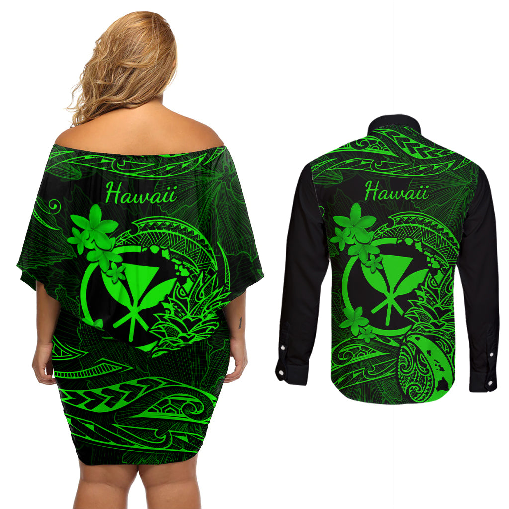 Hawaii Couples Matching Off Shoulder Short Dress and Long Sleeve Button Shirts Pineapple Mix Polynesian Plumeria Green Version - Wonder Print Shop