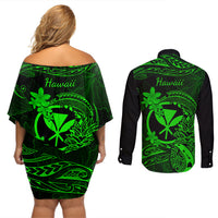 Hawaii Couples Matching Off Shoulder Short Dress and Long Sleeve Button Shirts Pineapple Mix Polynesian Plumeria Green Version - Wonder Print Shop