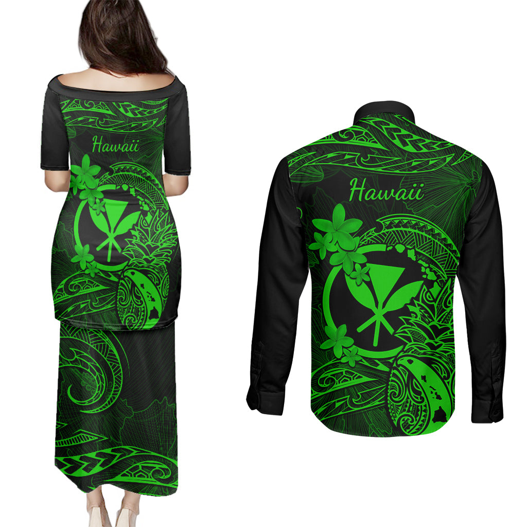 Hawaii Couples Matching Puletasi Dress and Long Sleeve Button Shirts Pineapple Mix Polynesian Plumeria Green Version - Wonder Print Shop
