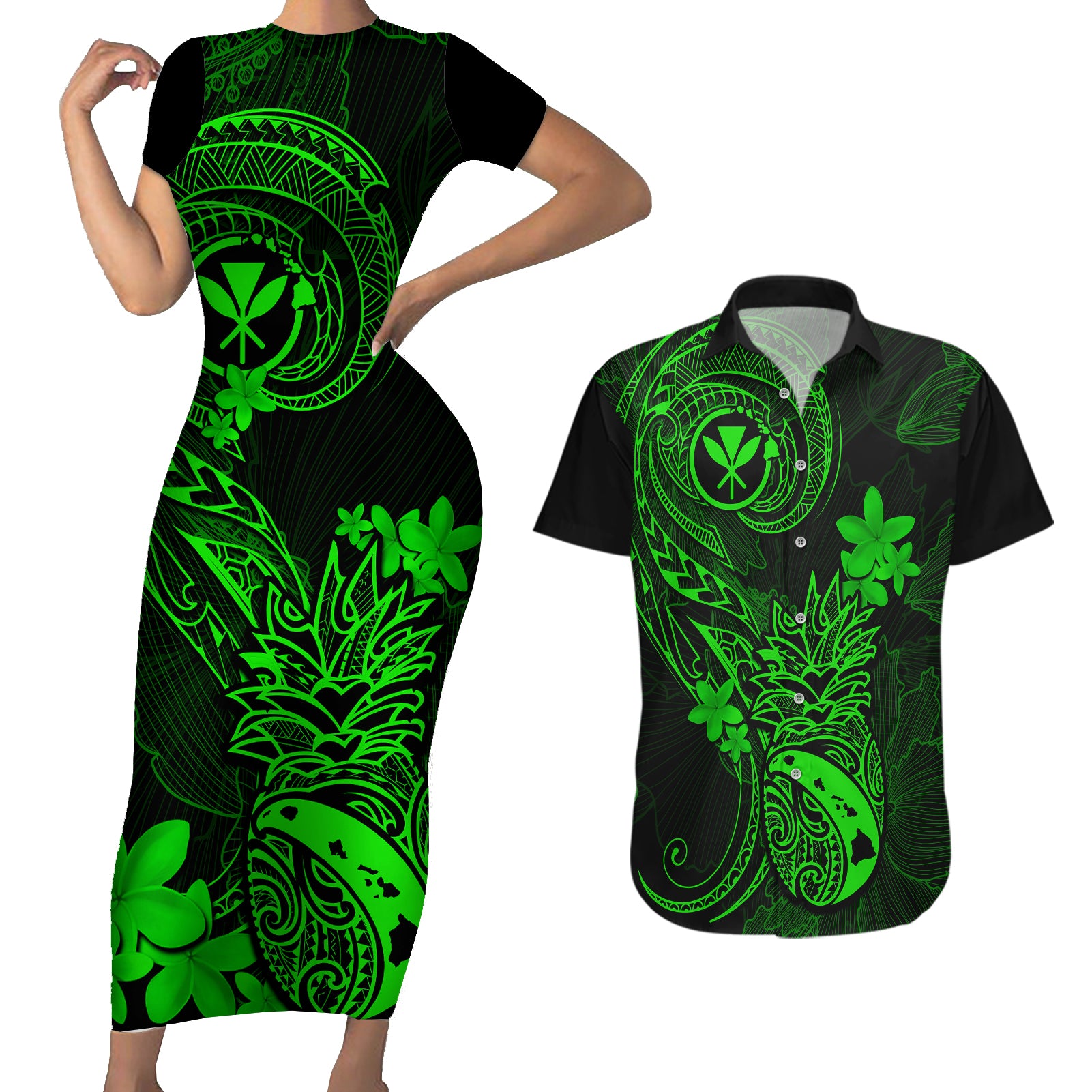 Hawaii Couples Matching Short Sleeve Bodycon Dress and Hawaiian Shirt Pineapple Mix Polynesian Plumeria Green Version - Wonder Print Shop