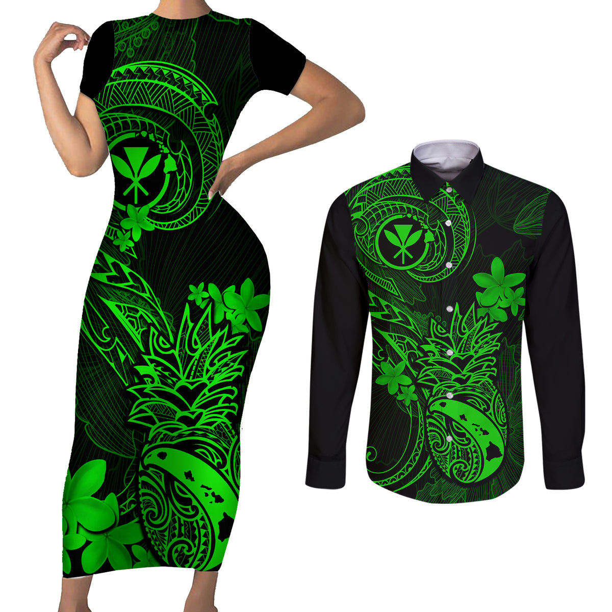 Hawaii Couples Matching Short Sleeve Bodycon Dress and Long Sleeve Button Shirts Pineapple Mix Polynesian Plumeria Green Version - Wonder Print Shop