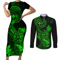 Hawaii Couples Matching Short Sleeve Bodycon Dress and Long Sleeve Button Shirts Pineapple Mix Polynesian Plumeria Green Version - Wonder Print Shop