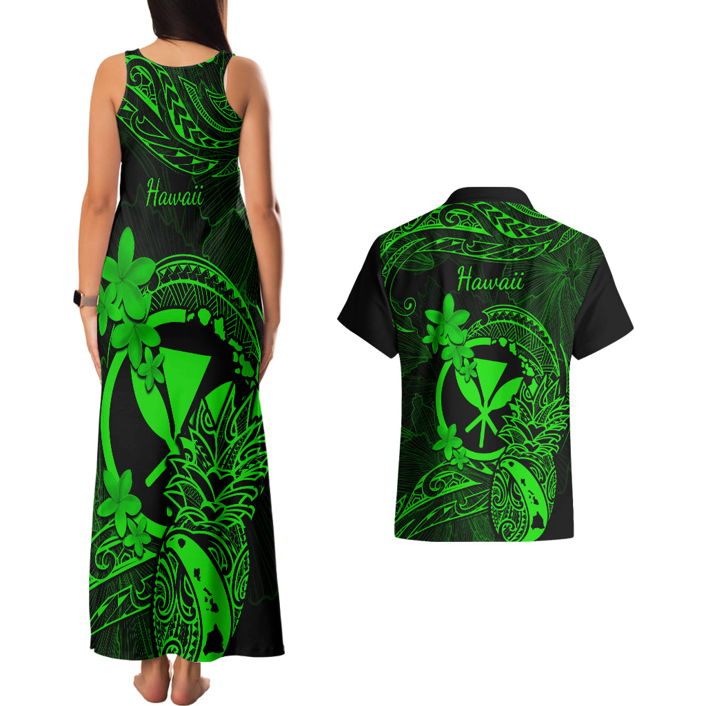 Hawaii Couples Matching Tank Maxi Dress and Hawaiian Shirt Pineapple Mix Polynesian Plumeria Green Version - Wonder Print Shop