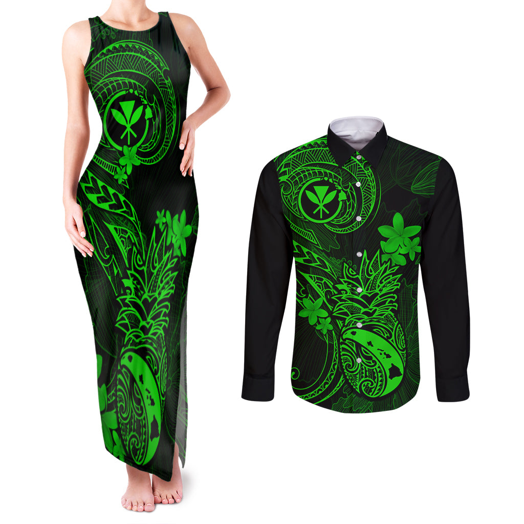 Hawaii Couples Matching Tank Maxi Dress and Long Sleeve Button Shirts Pineapple Mix Polynesian Plumeria Green Version - Wonder Print Shop