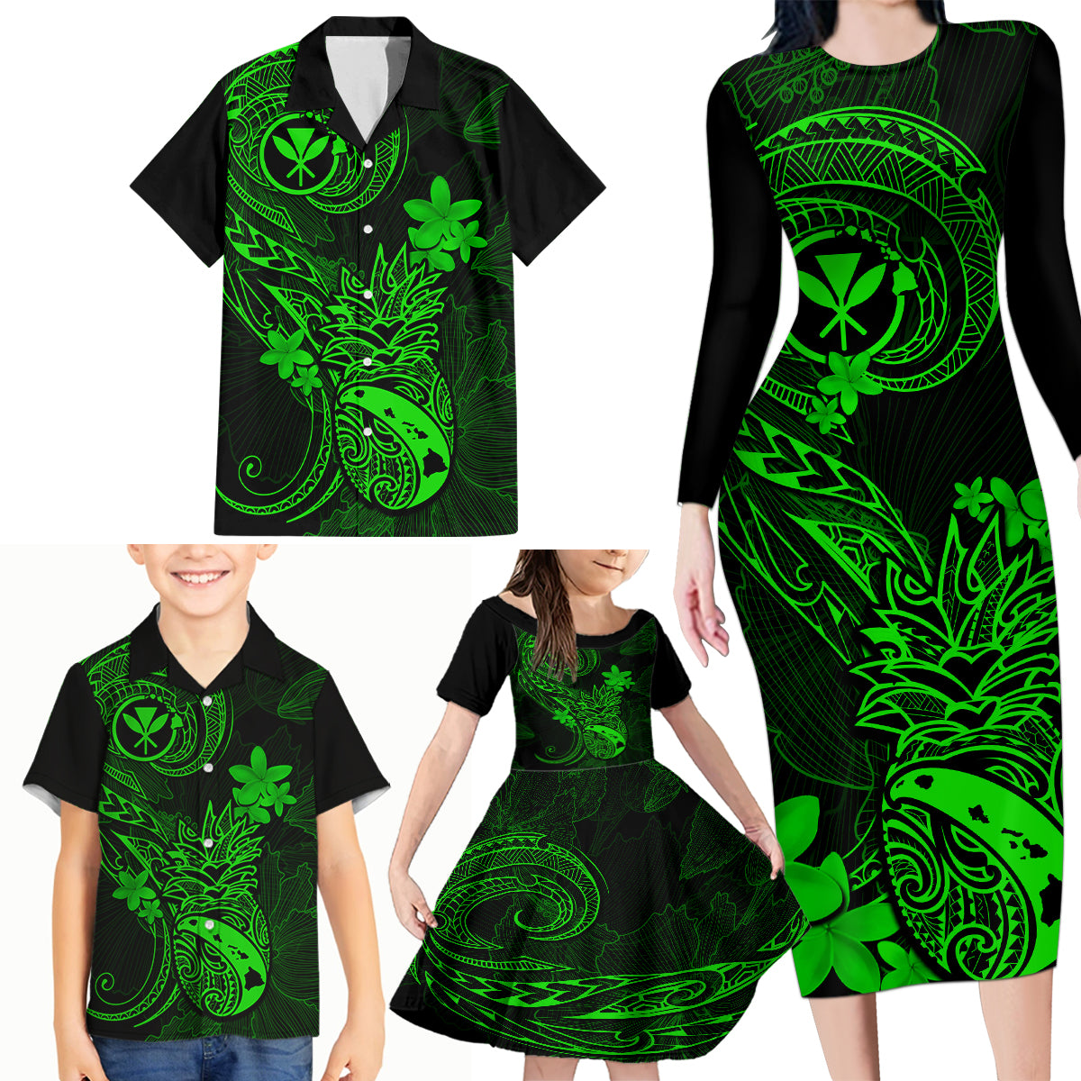 Hawaii Family Matching Long Sleeve Bodycon Dress and Hawaiian Shirt Pineapple Mix Polynesian Plumeria Green Version - Wonder Print Shop