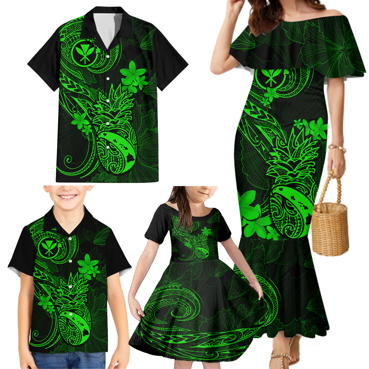 Hawaii Family Matching Mermaid Dress and Hawaiian Shirt Pineapple Mix Polynesian Plumeria Green Version - Wonder Print Shop