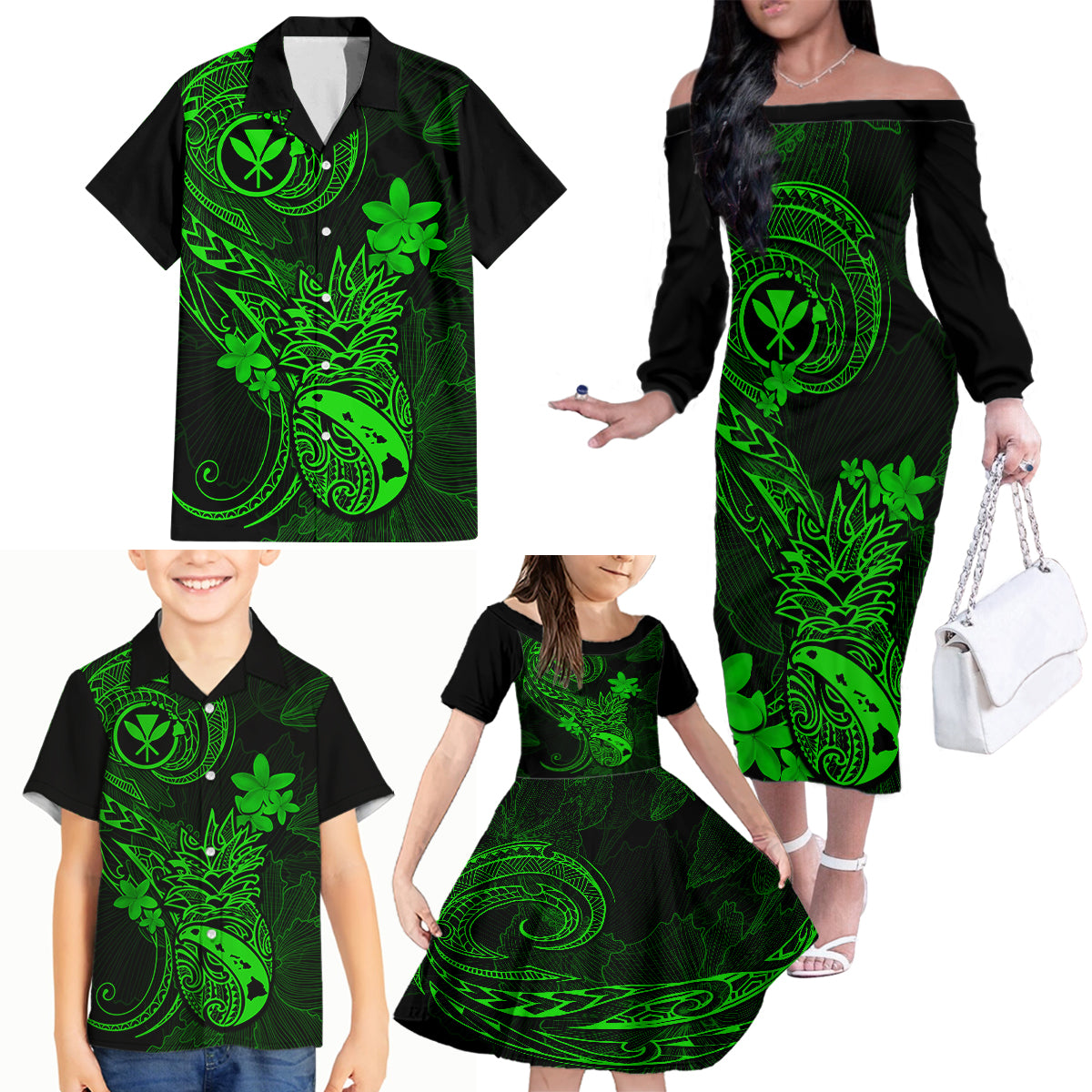 Hawaii Family Matching Off Shoulder Long Sleeve Dress and Hawaiian Shirt Pineapple Mix Polynesian Plumeria Green Version - Wonder Print Shop