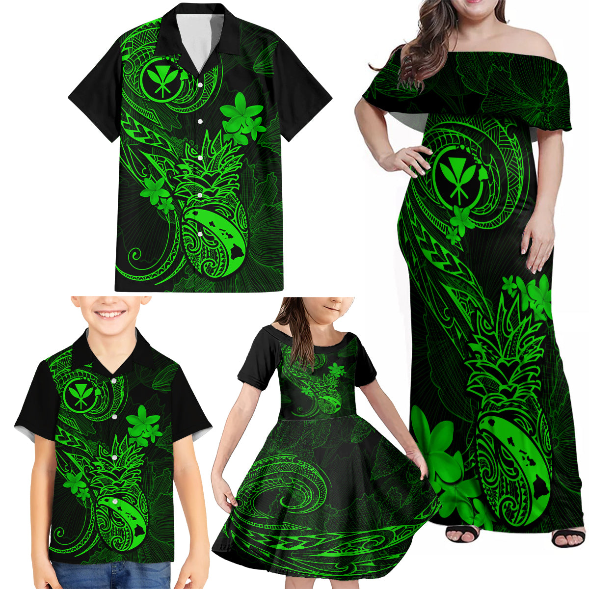 Hawaii Family Matching Off Shoulder Maxi Dress and Hawaiian Shirt Pineapple Mix Polynesian Plumeria Green Version - Wonder Print Shop