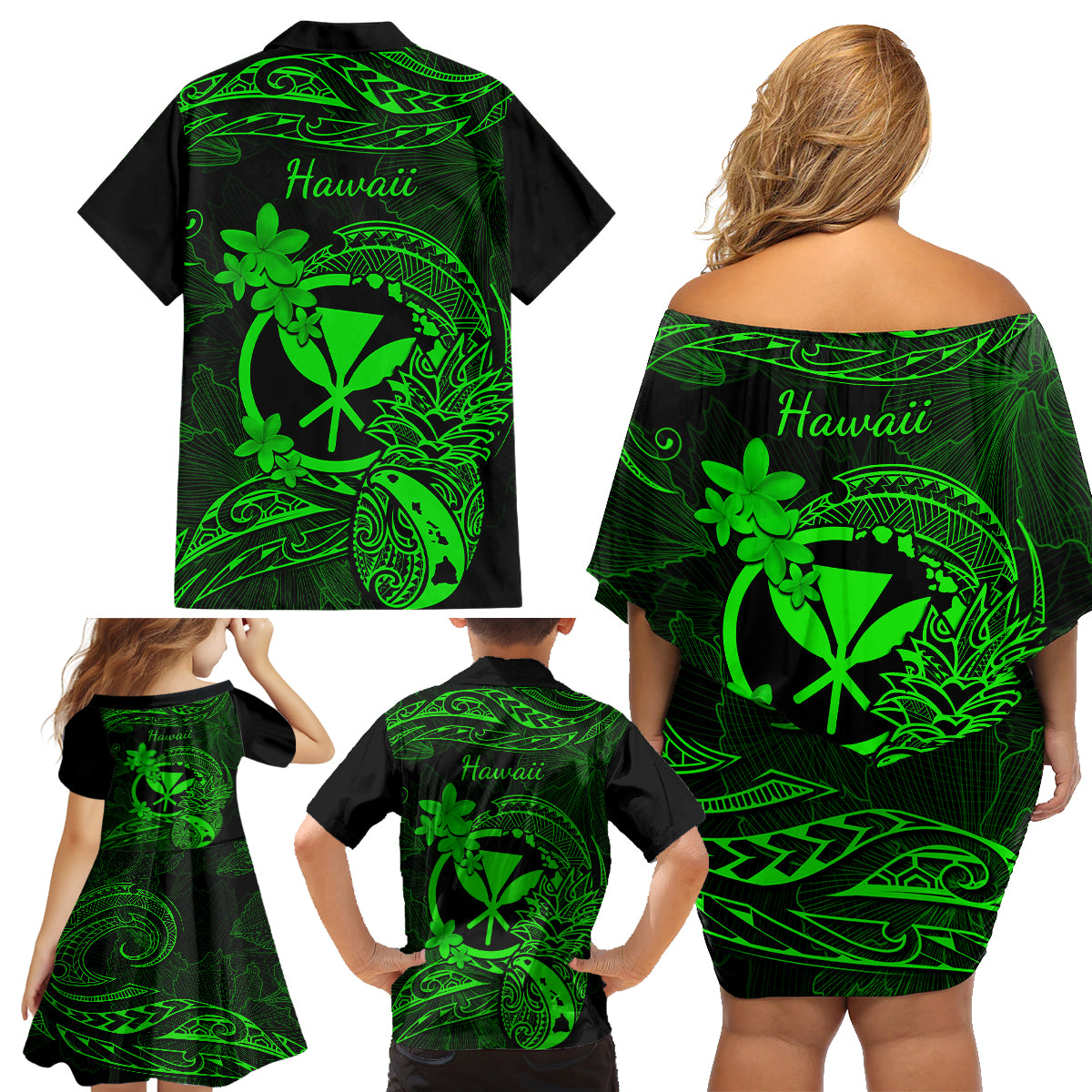 Hawaii Family Matching Off Shoulder Short Dress and Hawaiian Shirt Pineapple Mix Polynesian Plumeria Green Version - Wonder Print Shop