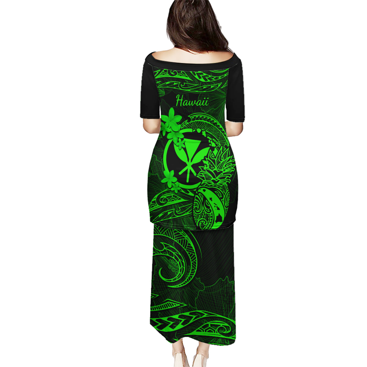 Hawaii Family Matching Puletasi Dress and Hawaiian Shirt Pineapple Mix Polynesian Plumeria Green Version - Wonder Print Shop