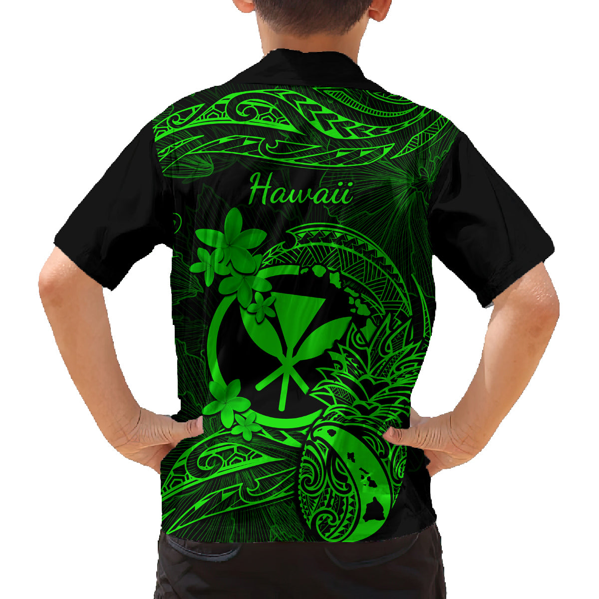 Hawaii Family Matching Short Sleeve Bodycon Dress and Hawaiian Shirt Pineapple Mix Polynesian Plumeria Green Version - Wonder Print Shop