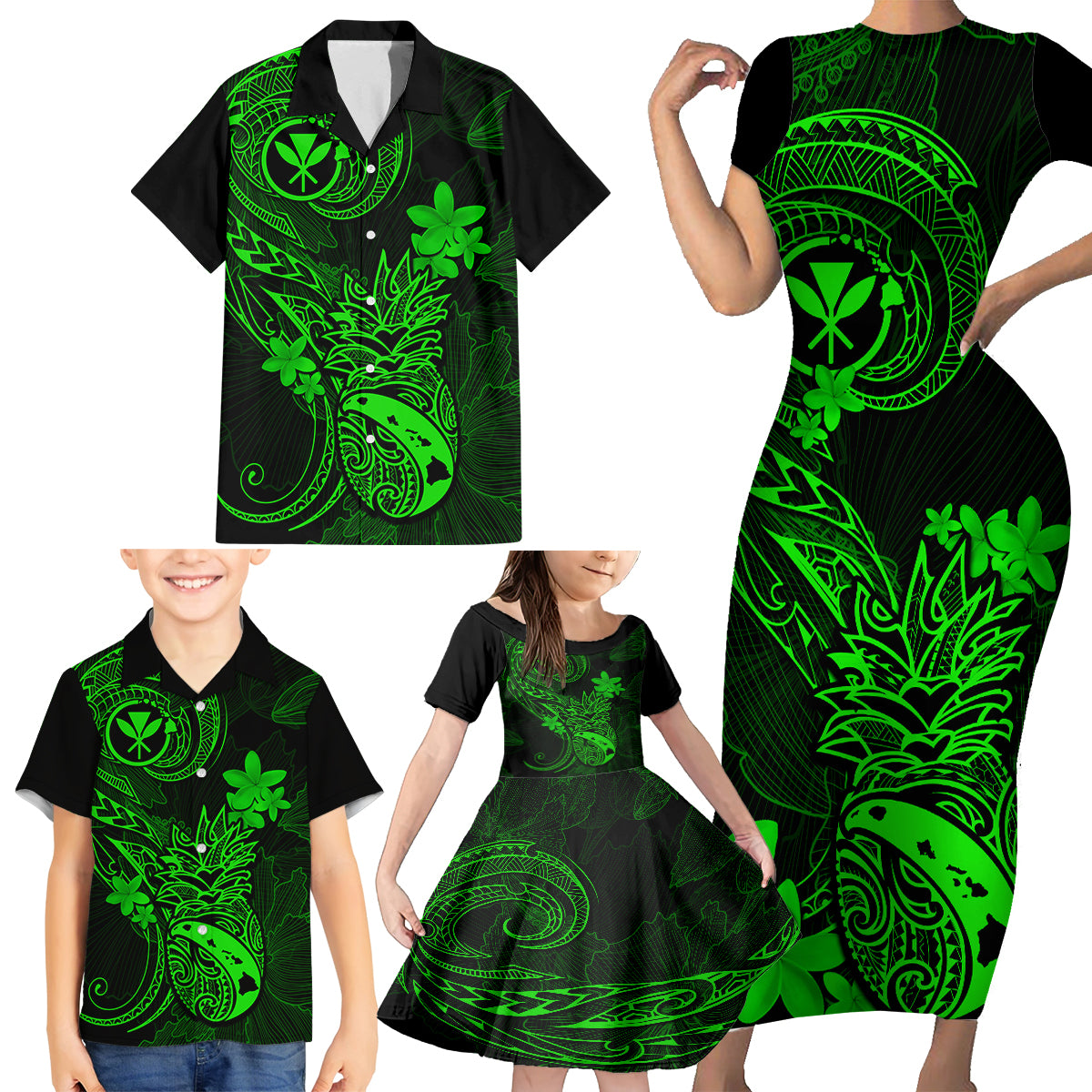 Hawaii Family Matching Short Sleeve Bodycon Dress and Hawaiian Shirt Pineapple Mix Polynesian Plumeria Green Version - Wonder Print Shop