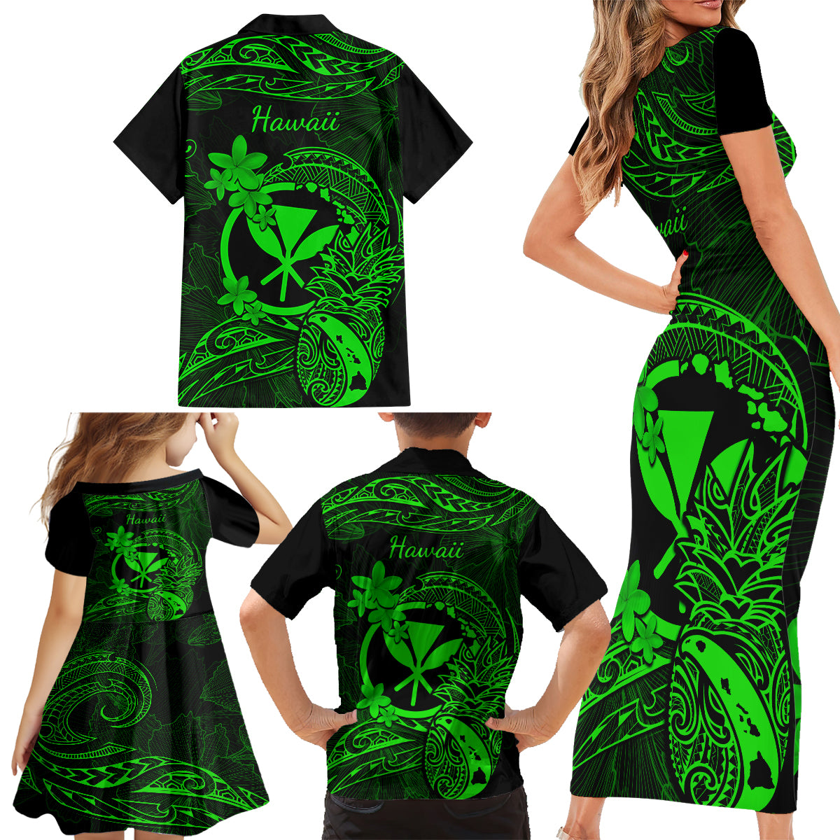 Hawaii Family Matching Short Sleeve Bodycon Dress and Hawaiian Shirt Pineapple Mix Polynesian Plumeria Green Version - Wonder Print Shop